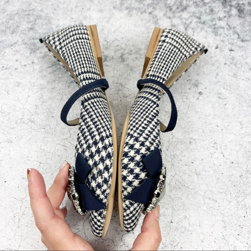 Boden Plaid Jeweled Bow Flats Pointed Blue Holiday Shoes Size 37 - Picture 6 of 7